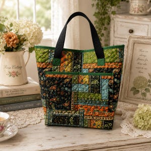 May include: A quilted tote bag featuring a patchwork design with various floral and paisley patterns in shades of green, orange, black, and blue. The bag has two black fabric handles and a large exterior pocket on the front panel.