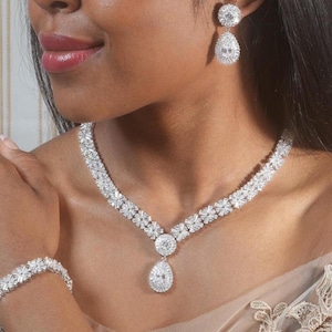 Bridal Necklace Set Diamond Wedding Jewelry Set Diamond Necklace Silver Wedding Jewelry Crystal Wedding Jewelry Set