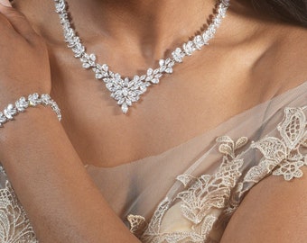 Bridal Necklace V Shape Crystal Necklace Wedding Jewelry Set for a Bride Diamond Necklace Silver Wedding Necklace Diamond Wedding Jewelry