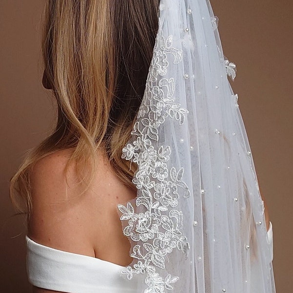 Lace Veil with Pearls Bridal Veil Floor Lace Wedding Veil Pearl Veil Cathedral Veil White Fingertip Pearl Veil