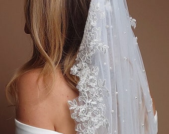 Lace Veil with Pearls Bridal Veil Floor Lace Wedding Veil Pearl Veil Cathedral Veil White Fingertip Pearl Veil