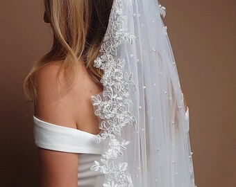 Lace Veil with Pearls Bridal Veil Floor Lace Wedding Veil Pearl Veil Cathedral Veil White Fingertip Pearl Veil