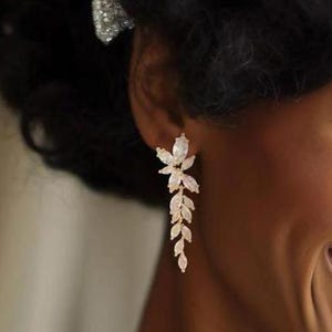 Pendientes de novia de cristal, pendientes largos de boda, pendientes de hoja, pendientes de gota de cristal, joyas de novia de oro rosa, pendientes de dama de honor de plata.