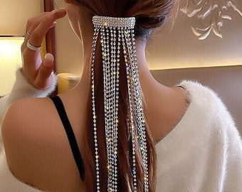 Crystal Tassel Headband Rhinestone Tassel Ponytail Holder Silver Sparkle Headband Crystal Long Tassel Hair Bling Crystal Head Chain Tiara