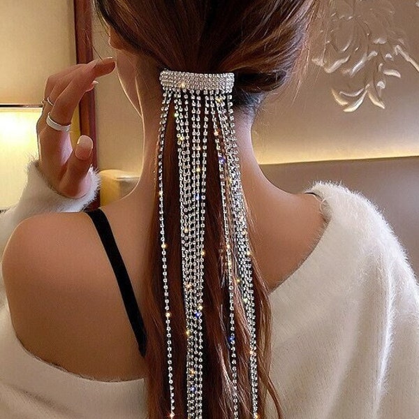 Crystal Tassel Headband Rhinestone Tassel Ponytail Holder Silver Sparkle Headband Crystal Long Tassel Hair Bling Crystal Head Chain Tiara