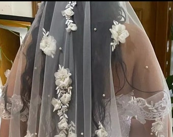 Flower Veil with Pearls Floral Veil Floor Wedding Veil Pearl Veil Cathedral Veil White Fingertip Pearl Veil