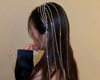 Crystal Tassel Headband Silver Sparkle Headband Crystal Long Tassel Hair Bling Crystal Head Chain Tiara