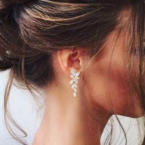 Crystal Bridal Earrings Drop Earrings Rose Gold Wedding Jewelry Crystal leaf Earrings Gold Bridal Jewelry Silver bridal earrings