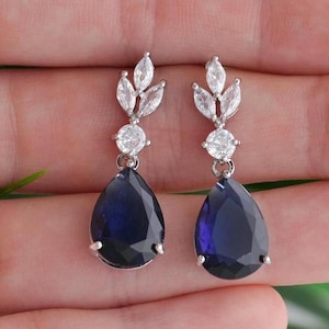 Sapphire Earrings Drop Earrings Blue Sapphire Wedding Jewelry Crystal Tear drop Earrings Gold Bridal Jewelry Silver bridal earrings