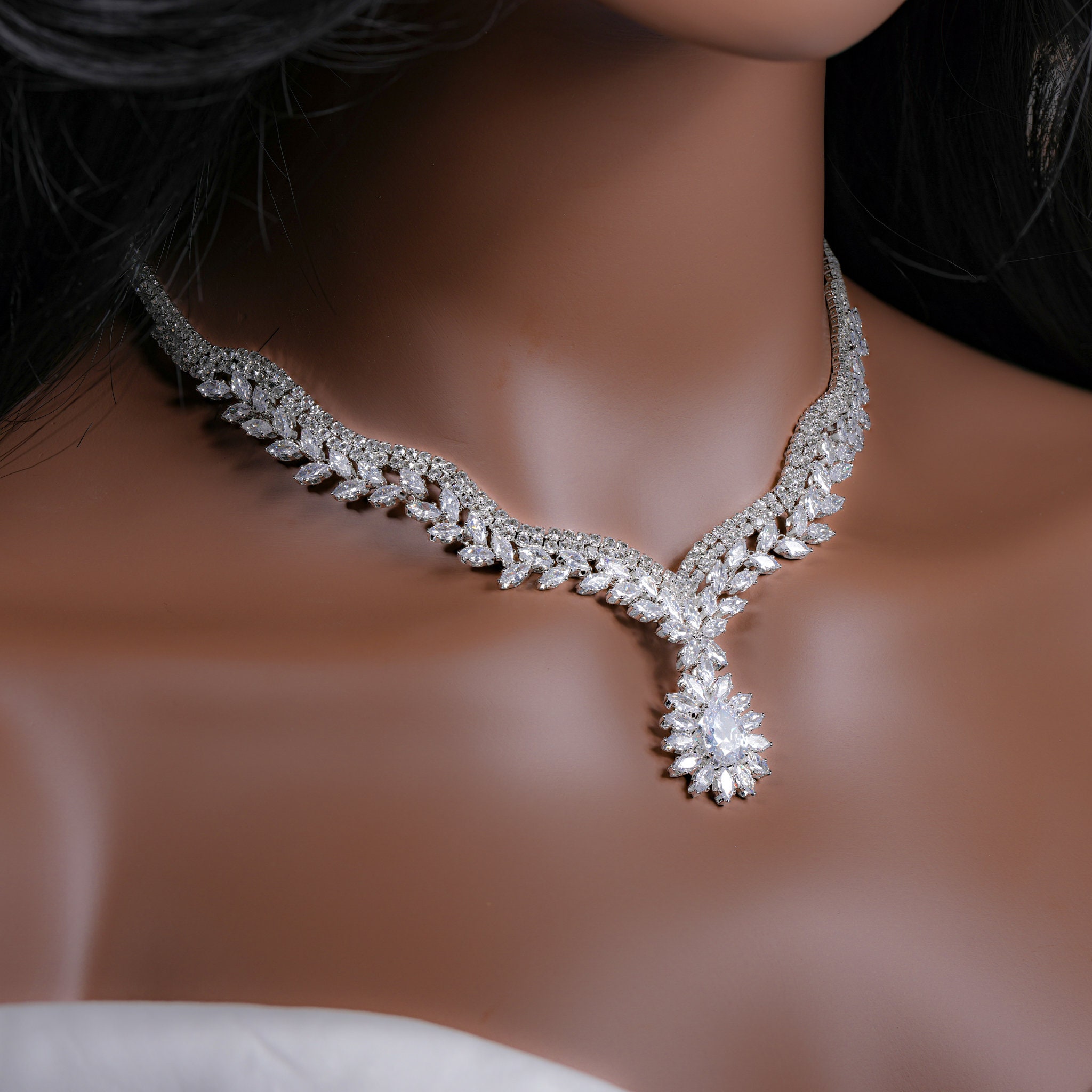 Bridal Necklace & Earring Set Simulated Sapphire Diamond Wedding Something  Blue | eBay