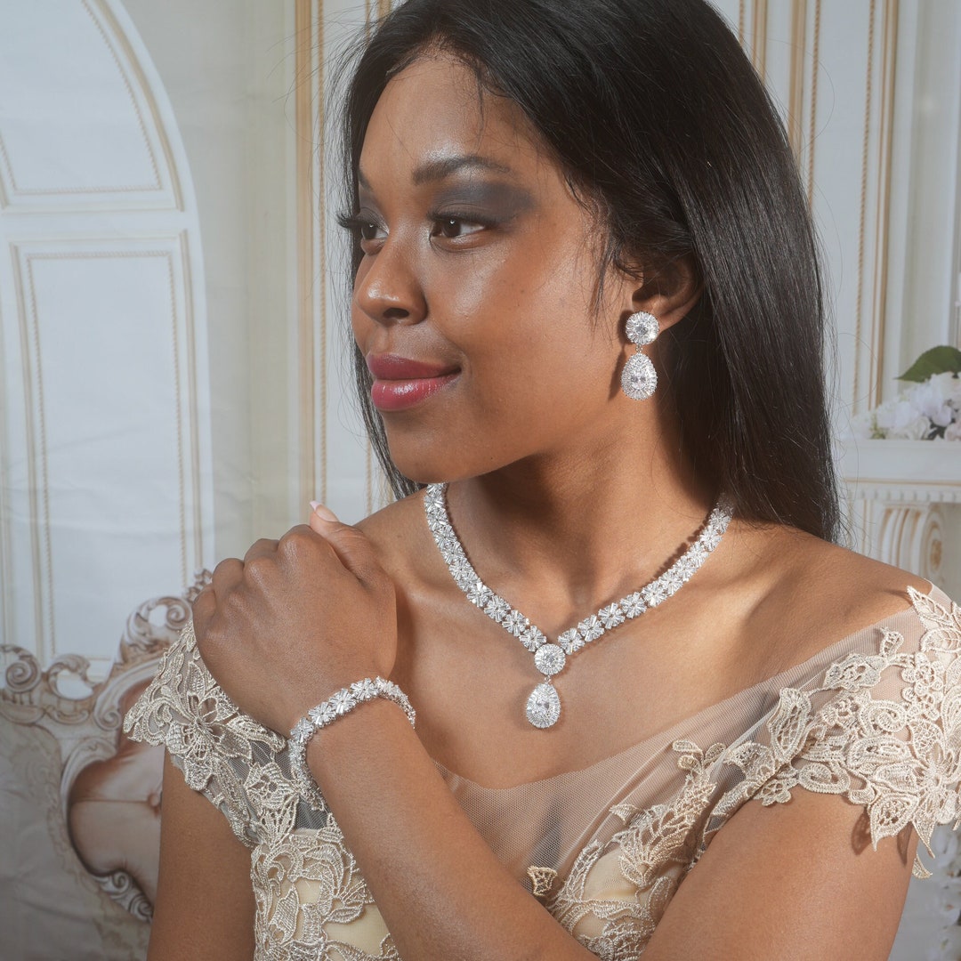 Bridal Necklace Set Diamond Wedding Jewelry Set Diamond Necklace Silver Wedding Jewelry Crystal