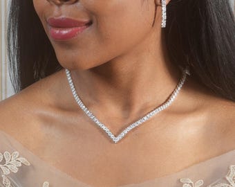 V Shape Crystal Necklace Bridal Necklace Set Crystal Wedding Jewelry Diamond Necklace Silver Wedding Necklace Diamond Wedding Jewelry