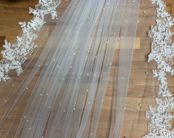 Wedding Veil Lace Veil with Pearls Bridal Veil Floor Wedding Veil Pearl Veil Cathedral Veil White Fingertip Pearl Veil