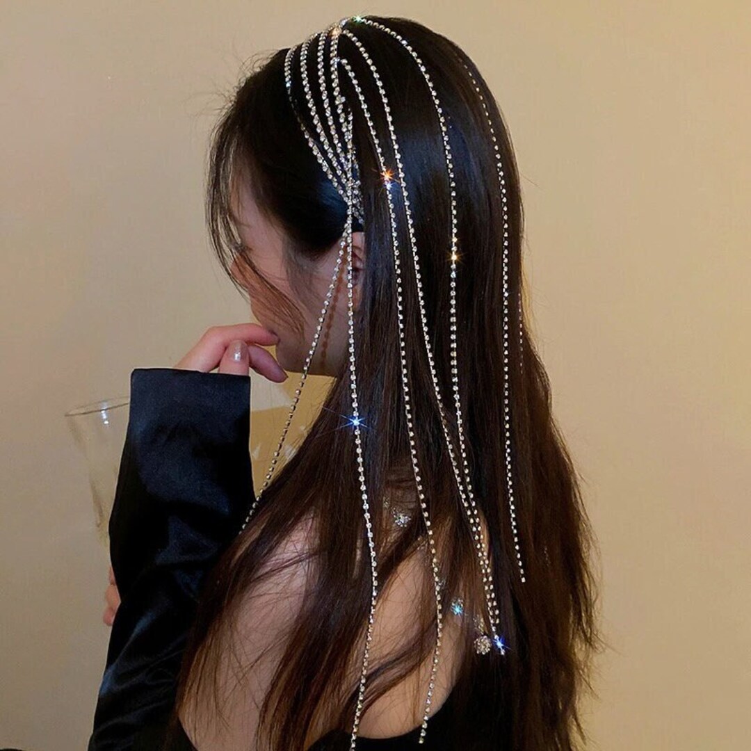 Crystal Tassel Headband Silver Sparkle Headband Crystal Long Tassel Hair Bling Crystal Head