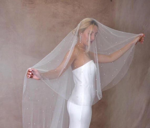 Double tier, two layer fingertip cathedral chapel veil with pearls Two Layers Pearl Veil With Blusher Wedding Pearl Veil Bridal  main image 4