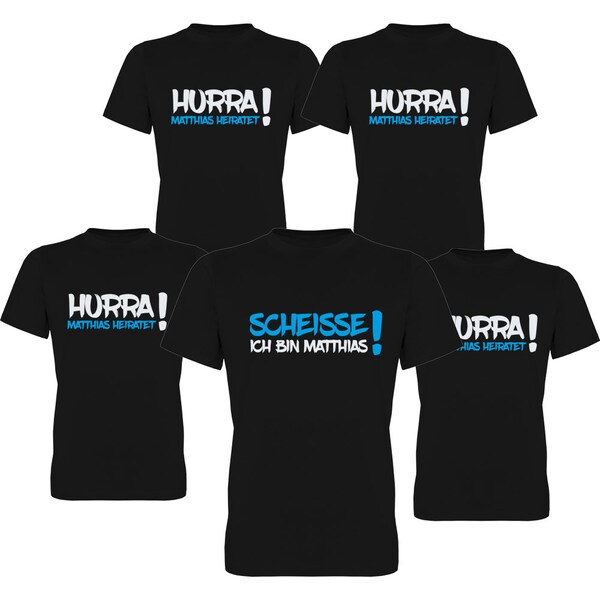 Herren T-Shirt Junggesellenabschied Hurra ... heiratet & Scheisse ich bin ... - mit Name des Bräutigams (252.009)