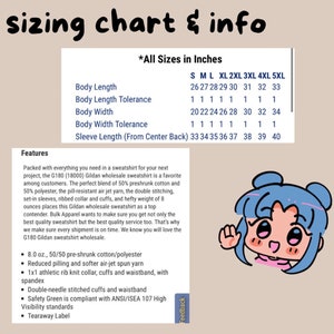 May include: A sizing chart for a Gildan wholesale sweatshirt, showing measurements in inches for body length, body width, sleeve length, and tolerance for each size. The chart includes sizes S through 5XL. The image also includes a cartoon illustration of a smiling person wearing a blue shirt and a pink shirt underneath. The text "Features" is listed with a description of the sweatshirt's features, including the fabric blend, stitching, and weight.