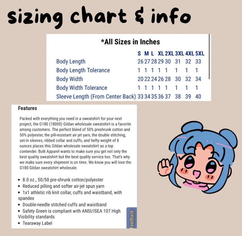 May include: A sizing chart for a Gildan wholesale sweatshirt, showing measurements in inches for body length, body width, sleeve length, and tolerance for each size. The chart includes sizes S through 5XL. The image also includes a cartoon illustration of a smiling person wearing a blue shirt and a pink shirt underneath. The text "Features" is listed with a description of the sweatshirt's features, including the fabric blend, stitching, and weight.