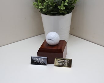 Solid Wood Customised Golf Ball Holder Wood Base Personalised Gold or Silver Plaque Engraved Hole in One, Longest, Drive Nearest the Pin