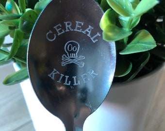 Personalized Cereal Killer Spoon, Engraved Skull Crossbones, Funny Gift