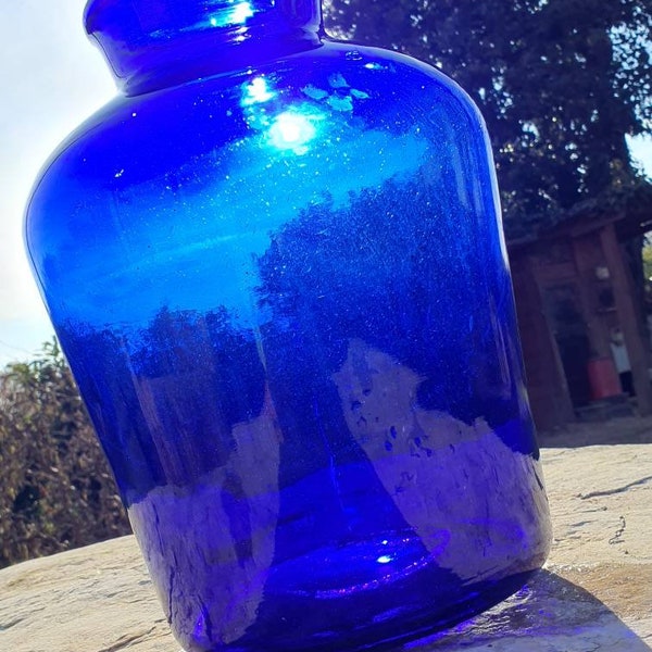 Blauw geblazen glazen mandfles, vintage blauw glas, dame jeanne buette