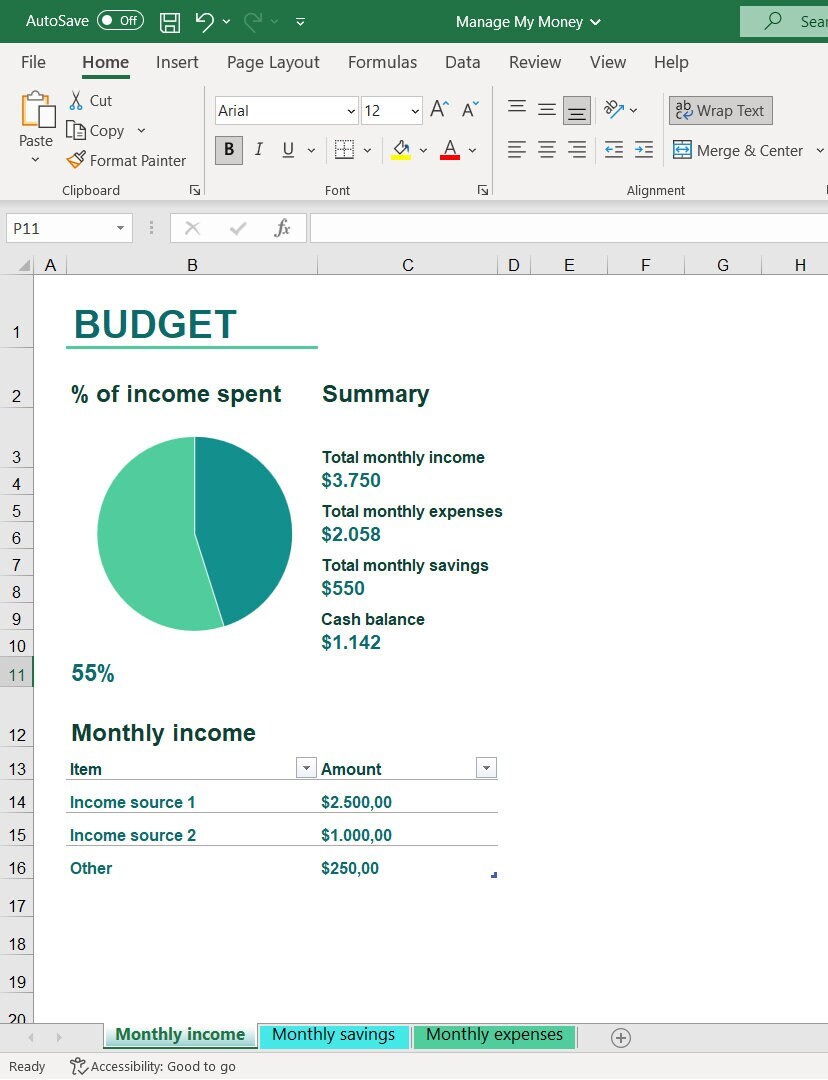 Manage My Money excel Template Fillable Excel Printable Etsy