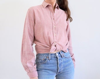 Plaid Flannel Shirt 90s Shirt Checkered Flannel Plaid Vintage Shirt Coquette Dusty Pale Pink Blouse Vintage Button Up Shirt Collared Shirt S