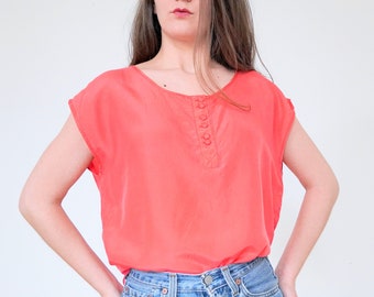 Vintage Pink Silk Blouse 90s Silk Tank Top Vintage Silk Blouse Women Vintage Silk Tank Henley Loose Fit Tank Top Vintage Silk Top Onesize