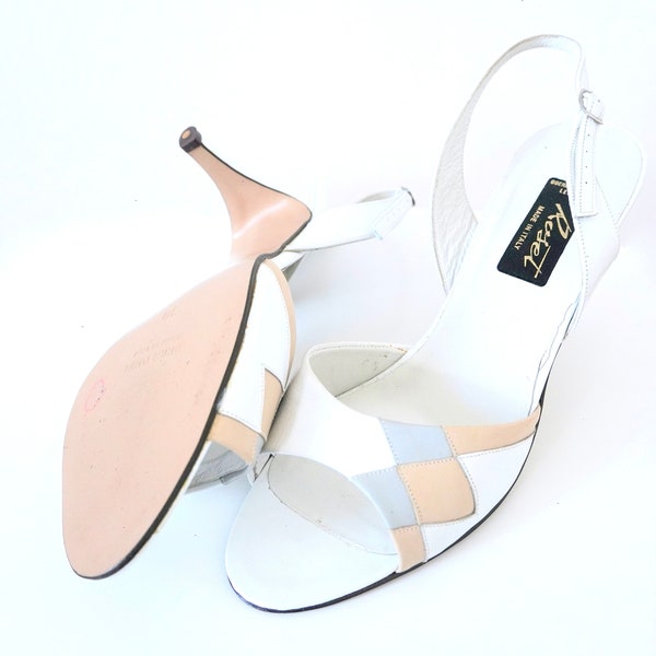 1980s 80s Vintage Slingback Pumps White Leather Bridal Sandals Heels White Wedding Shoes Patchwork White Bridal Shoes Vintage Italian Heels