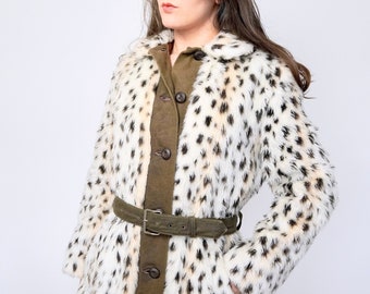 Vintage 70s Faux Fur Coat Faux Snow Leopard Coat Vintage Faux Fur Coat Faux Suede Leather Coat Belted Vintage Fluffy Leo Mob Wife Coat Small