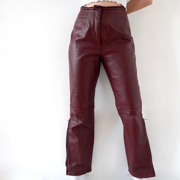 Vintage 90s Leather Pants Burgundy Leather Flares High Waist Leather Biker Pants Women Real Leather Pants Red Y2k Leather Pants Flared 30 M