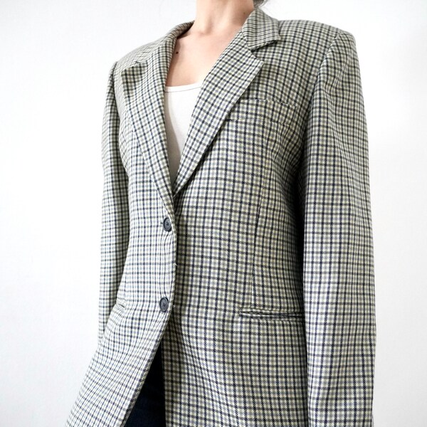 Vintage 90er Jahre Blazer Jacke Preppy Mod Womens Tweed Blazer Reine Wolle Karierter Blazer Hirten Karo Creme Blazer Italienischer Vintage Wollblazer S M