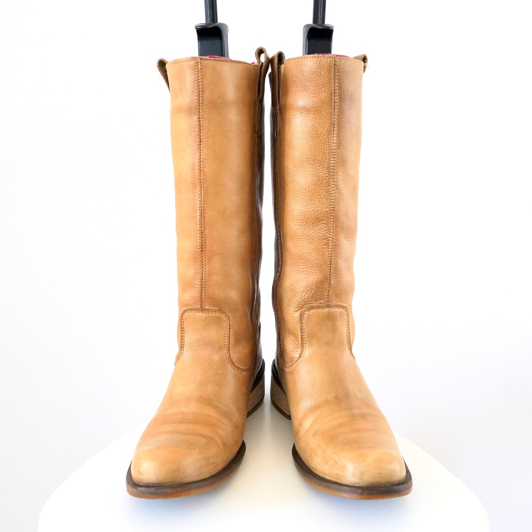 90s Vintage Beige Leather Boots Tall Leather Boots Knee High Boots