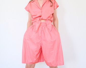 1980er 80er Jahre Vintage Playsuit Pastell Rosa High Waist Shorts Weites Bein Hose Taschen Crop Shirt Retro 80er Romper Sommer Zwei Stück Set Frauen S