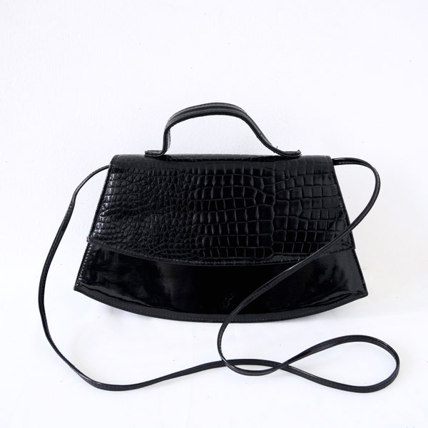 90s Vintage Vinyl Bag Black Croc Embossed Bag Structured Purse Black Cross Body Handbag Crossbody Purse Mock Croc Clutch Black Shoulder Bag