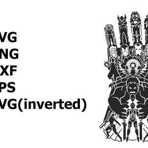 May include: Black and white silhouette of the Avengers characters forming the shape of Thanos's gauntlet.