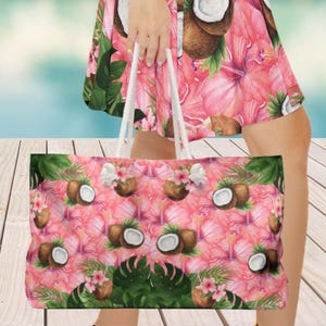 Tropische Hibiskus-Kokos-Weekender-Tasche, Sommerreisetasche, Urlaubsutensilien, am Pool tragen, Strandausflug-Handtasche