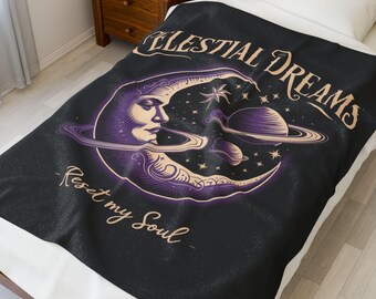 Celestial Dreams moon and planets Velveteen Plush Blanket | cosmic vintage illustration