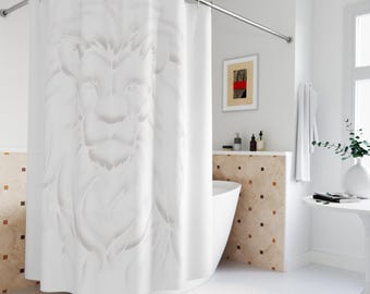 Embossed White Lion Shower Curtain | Minimalist Monochrome Bath Decor