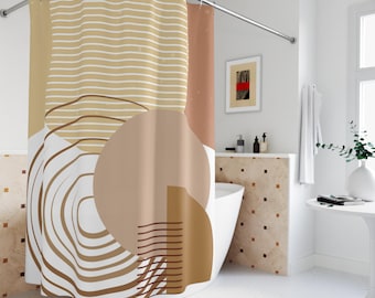 Abstract Terracotta Geometric Shower Curtain | Neutral Boho Circles Stripes