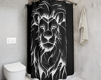 May include: Black shower curtain with a white lion's head design. The lion's face and mane are outlined in white against a black backdrop. The curtain is displayed in a bathroom, adding a striking visual element.
