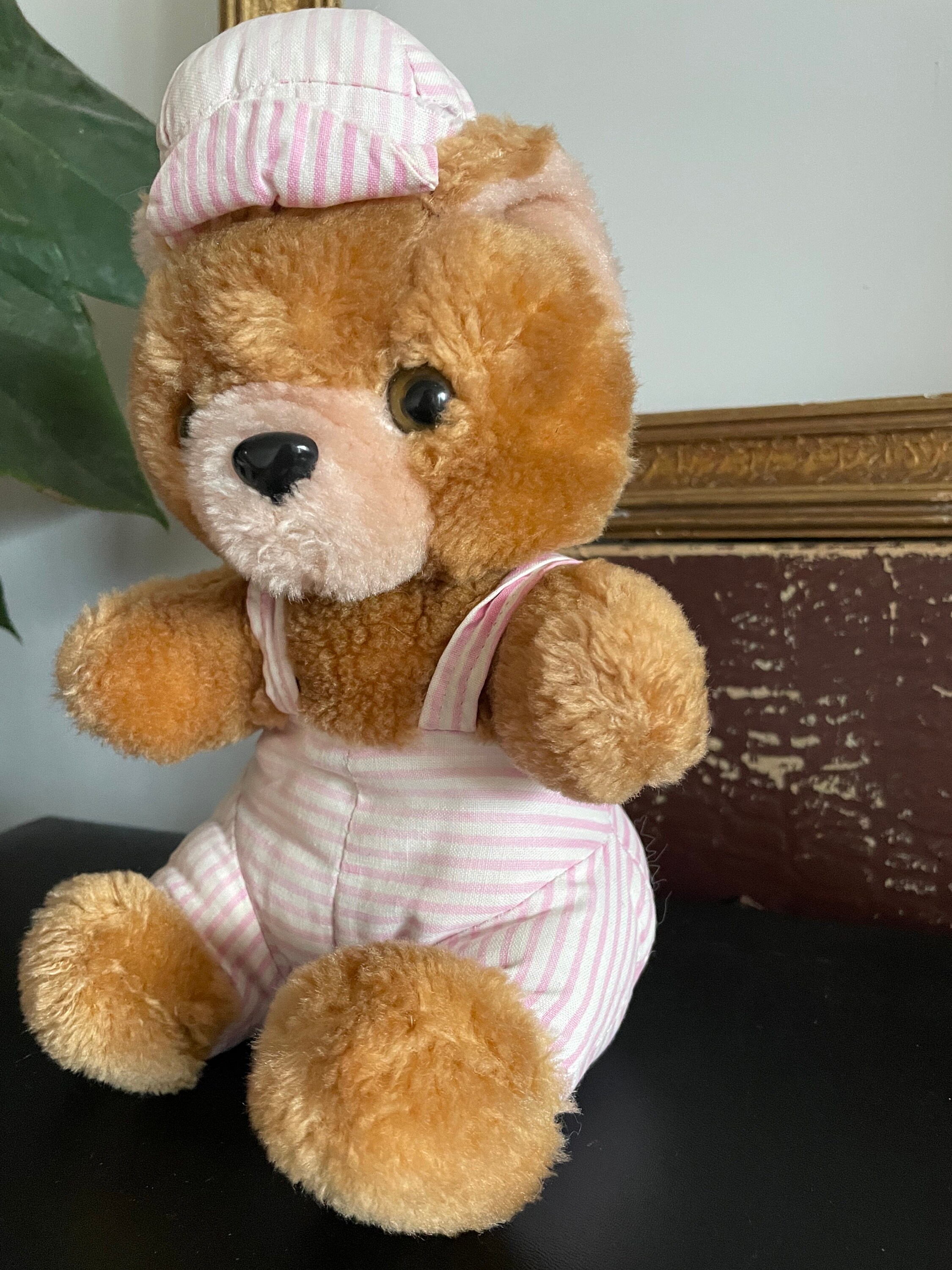 Cute 70s Vintage Brown Teddy Bear Wearing Pink Jumpsuit and Hat
