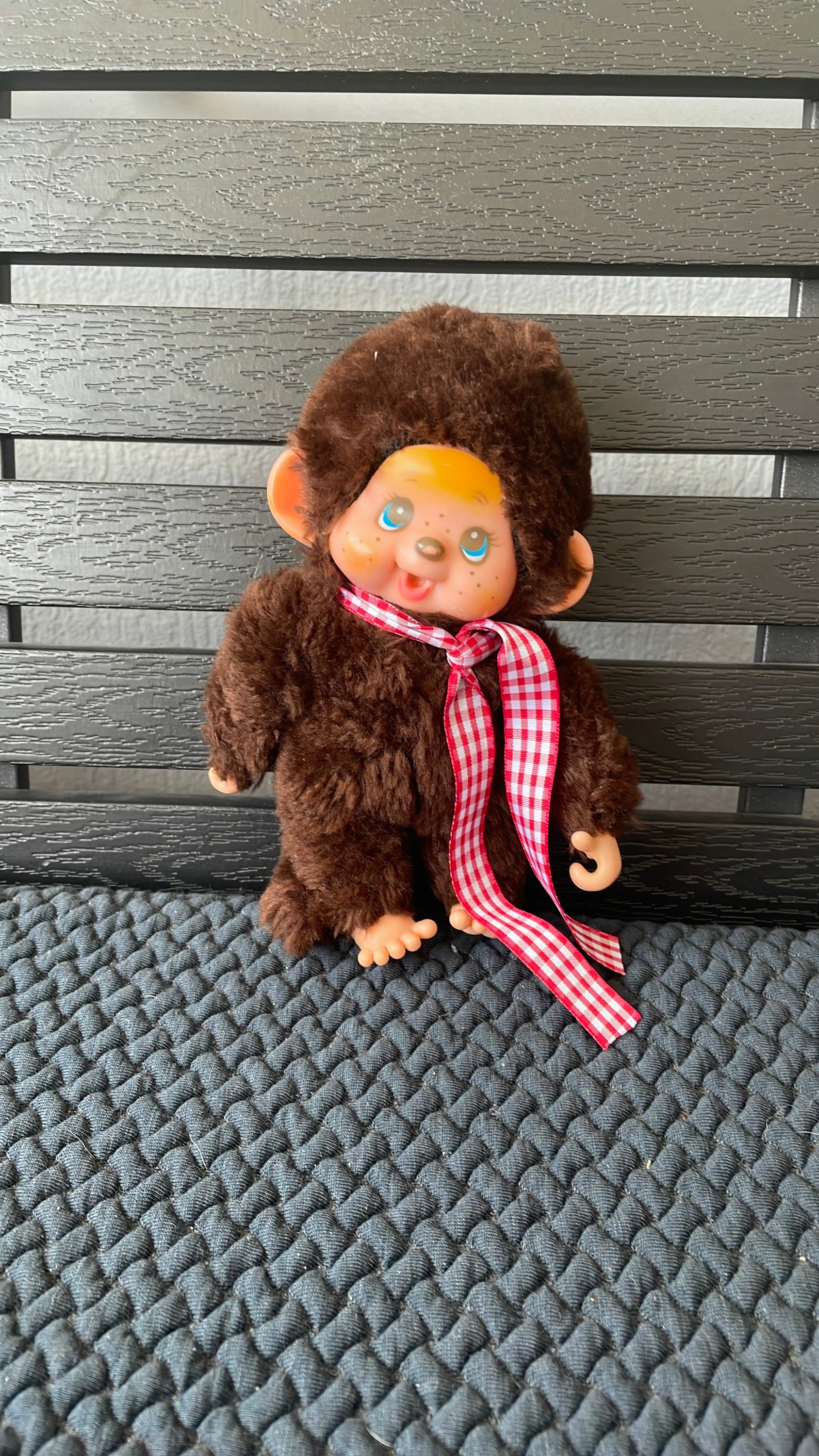 Vintage Monchhichi Brown Blue Eye Check Scarf Plush Stuffed Toy
