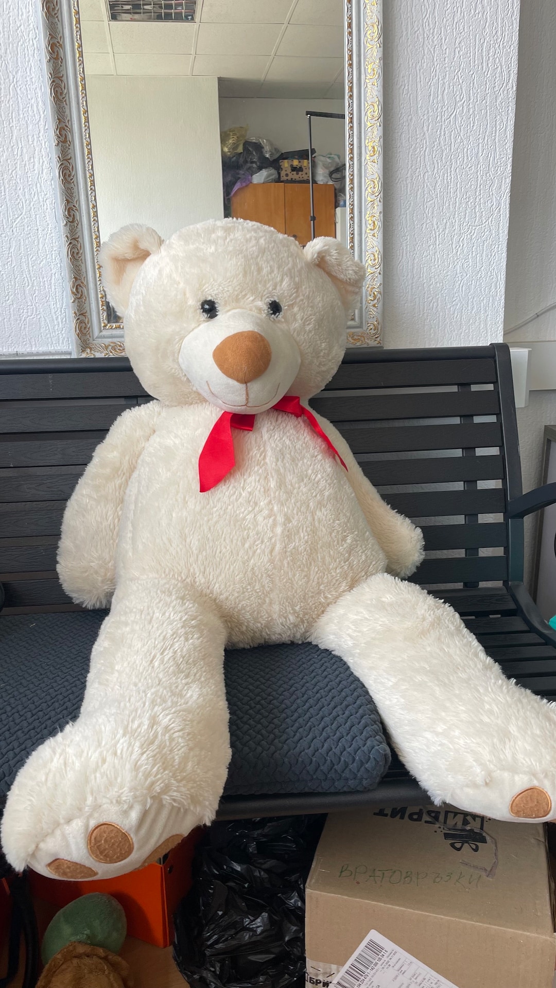 Cute White Giant Teddy Bear Red Bow Size Stuffed Animal Plush Toy 101cm