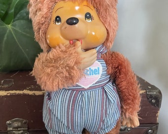 Rare Monchhichi Wushel friend Tobby Bear With Sucking Thumb Cute Pink Dress Doll Toy Size 11.”, Rare Monchhichi , Birthday gift Collectable