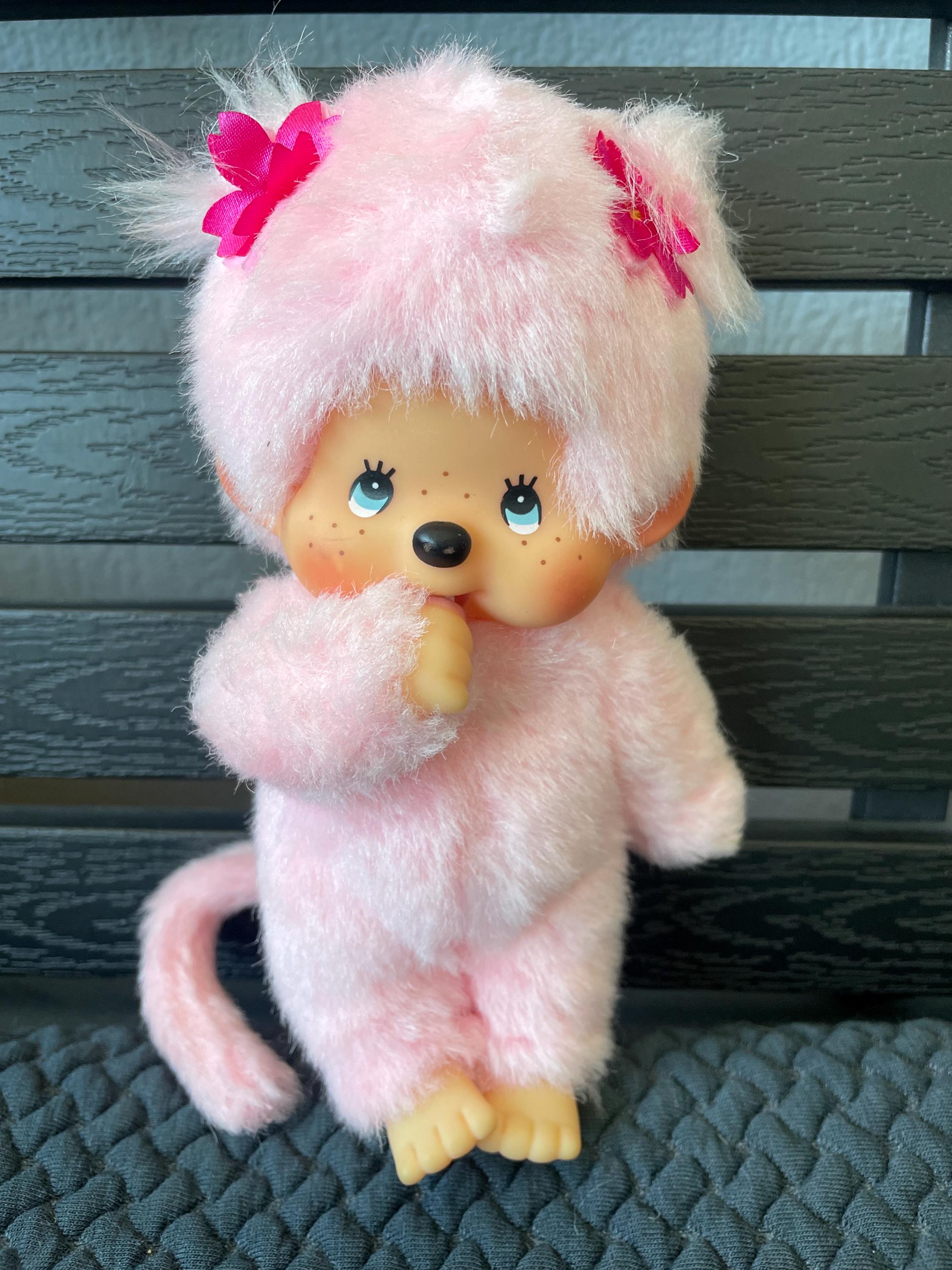 moni moni ANIMALS ミルキーとら Cute Pink Monchhichi Plush Toy Japanese Plush Monkey Doll Sucking
