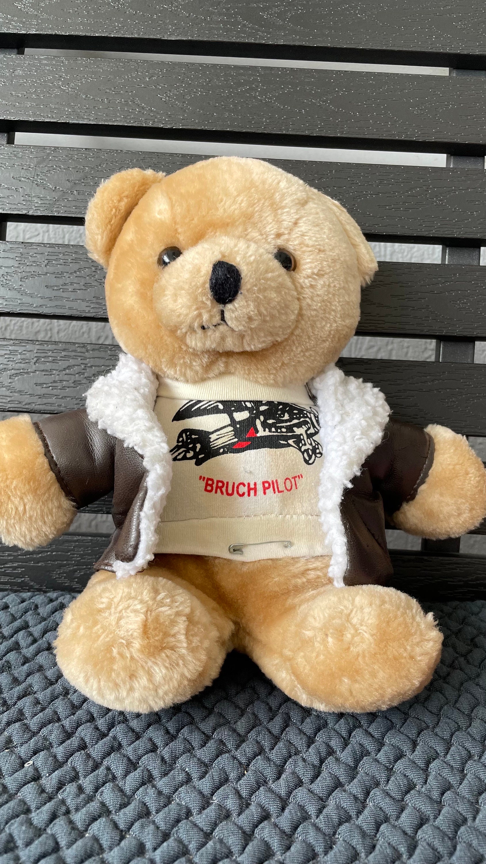 Aviador vintage Oso de peluche Bruch Piloto con chaqueta de cuero Ojos de cristal Animal relleno Juguete de peluche 28 cm 11