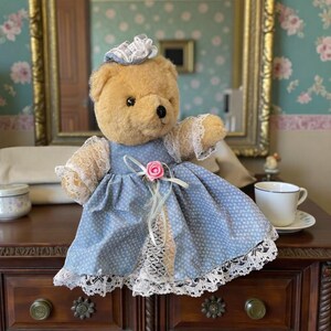 Victorian Style Lace Blue Dress Brown Teddy Bear Plush Stuffed Toy