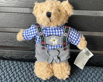 Dirndl Teddy Bear With Check Cloth Cuddly Soft Plush Stuffed Toy Size 7.5”