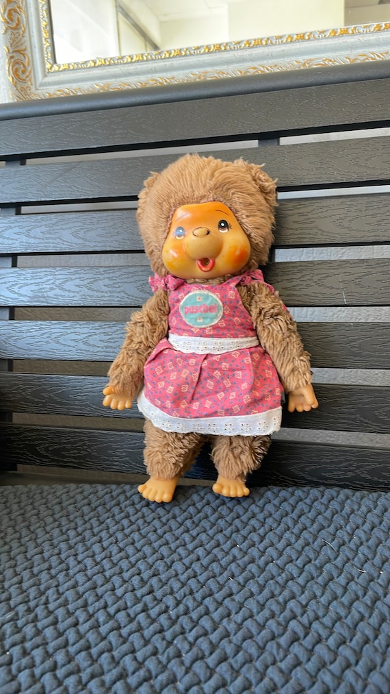 Vtg Monchhichi Sekiguchi Puschel Tobby Bear With Cute Pink Dress